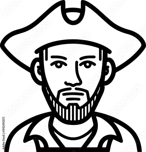 Hand Drawn Male Pirate Black and White Avatar Illustration in Minimal Line Art Style Design