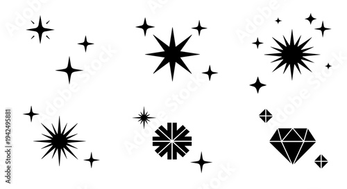 Black star shapes and diamond on a simple white background illustration