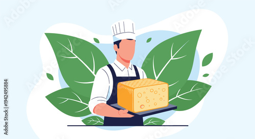 Professional cheesemaker presenting a large block of fresh artisanal cheese for gourmet food and dairy production.