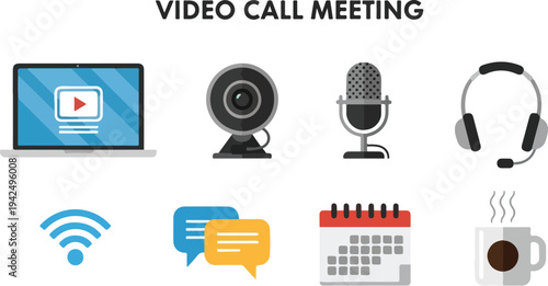Flatstyle illustration with video call icons laptop webcam microphone headset WiFi chat calendar and a coffee mug
