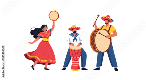 Vibrant Mexican folk performance featuring traditional dancers and musicians playing drums and a tambourine.