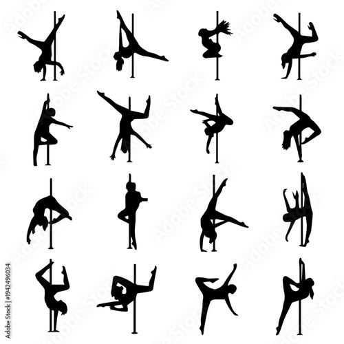 Silhouettes of people performing pole dancing moves in various poses and twists