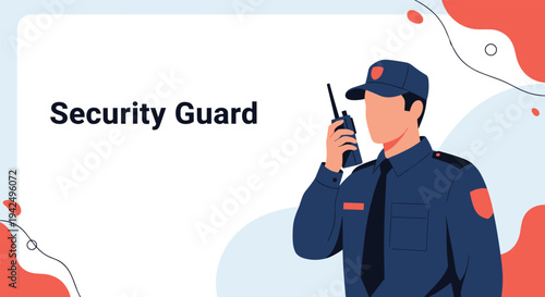 Professional security guard in uniform using a walkie talkie to communicate for safety and surveillance duties.
