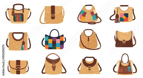 Diverse collection of stylish woven straw handbags and purses for summer fashion and beach accessory concepts.