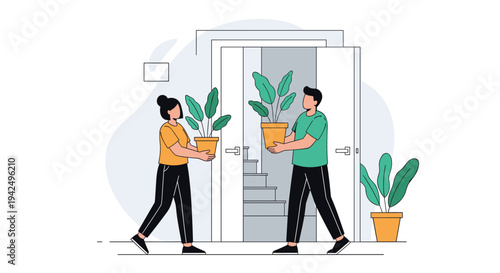 Young couple moving into a new home and carrying beautiful potted plants to decorate their living space.