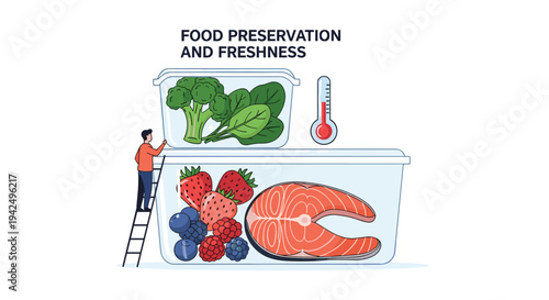 Innovative food preservation and freshness concept with a man organizing healthy meals in large storage containers.