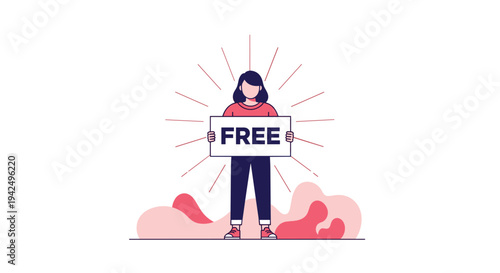 Young woman holding a sign with the word free to promote special offers, giveaways, and marketing campaigns.