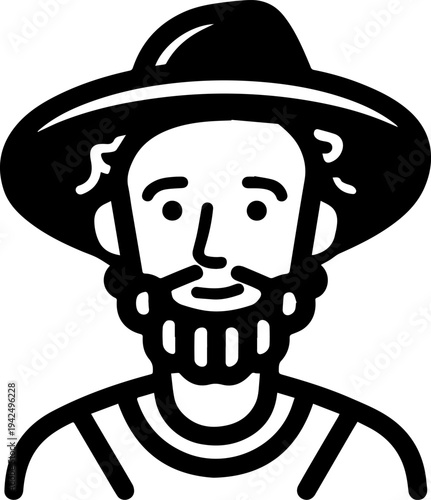 Hand Drawn Male Pirate Black and White Avatar Illustration in Minimal Line Art Style Design