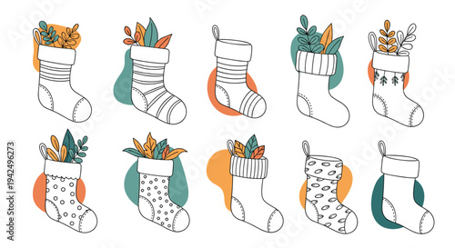 Collection of charming Christmas stockings decorated with natural leaves and festive patterns for holiday home decor.