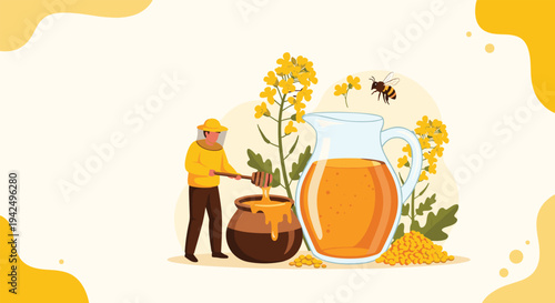 Traditional beekeeper harvesting fresh organic honey from beehives surrounded by yellow flowers and a bumblebee.