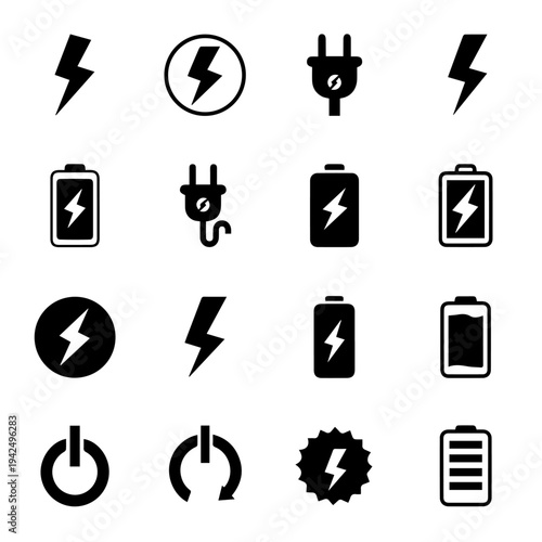 Collection of black and white power icons on white background
