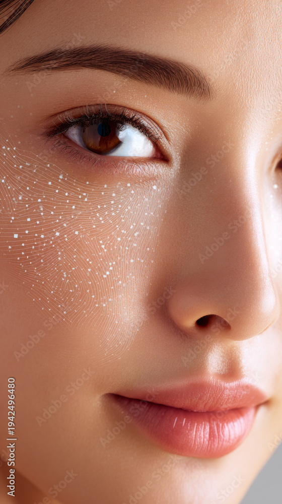 Fototapeta premium Beautiful close up of young woman with smooth skin and digital skincare pattern glowing softly on her cheek