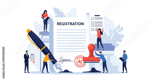 Official document registration process involving multiple people, a giant pen, and a verification stamp.