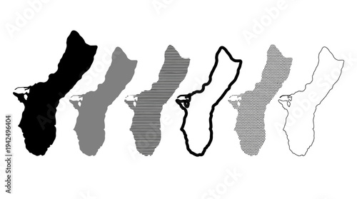 Set of Guam Map Silhouettes and Outlines in Various Artistic Styles