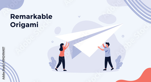 Creative teamwork concept showing people working together to fold a giant paper airplane using origami techniques.