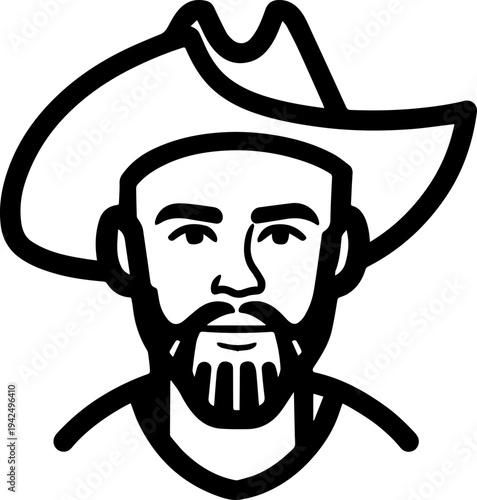Hand Drawn Male Pirate Black and White Avatar Illustration in Minimal Line Art Style Design