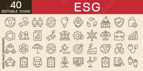 ESG environmental social governance icons vector illustration with icons of sustainability, recycle, governance, social, regulation, compliance, values, money and more editable stroke line icons 