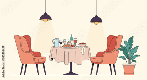 Elegant restaurant setting for a romantic dinner features a table set with wine and bread between two stylish red wingback chairs.