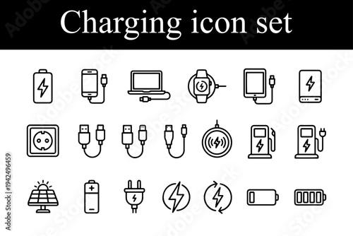 Charging web icons in line style. Charging, charging station, battery, electricity, wireless charging, electric car, collection. Vector illustration.