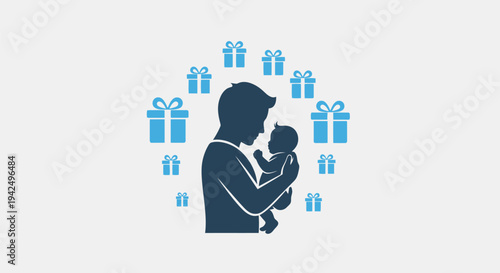 Man Holding Baby Surrounded by Gift Boxes.
