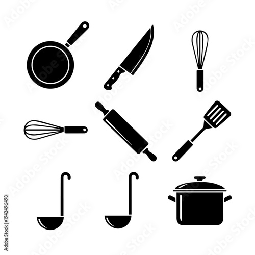 Kitchen utensils and cooking tools arranged neatly