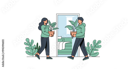 Young couple carries potted plants into their new bedroom symbolizing a fresh start and the excitement of moving into a new home.
