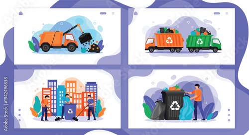 Various waste management activities show garbage trucks collecting trash and workers recycling plastic bins in a clean urban city.
