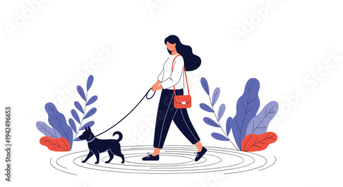 Stylish woman takes her black dog for a walk through a park filled with colorful foliage on a bright and sunny afternoon.
