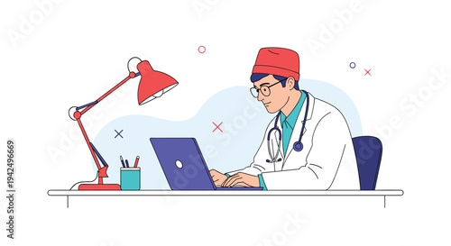 Medical professional wearing a white coat and red cap works diligently on his laptop at a desk equipped with a red lamp.