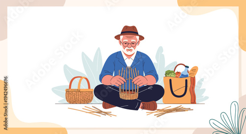 Skilled elderly man sits cross-legged while traditional basket weaving using natural reeds surrounded by finished wicker products.