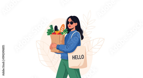 Stylish young woman wears sunglasses while carrying a brown paper bag full of fresh groceries and an eco-friendly hello tote bag.