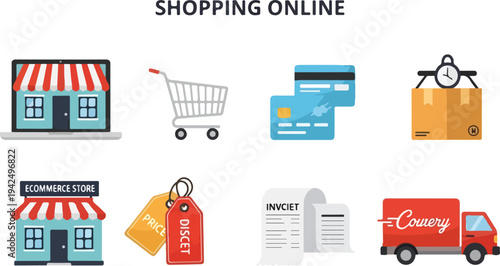 Graphic with icons of shopping online including store cart cards package tags receipt truck