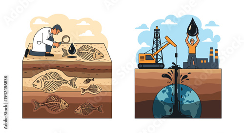 Comparison between paleontological fish fossil research and modern industrial oil drilling shows the source and extraction of petroleum.