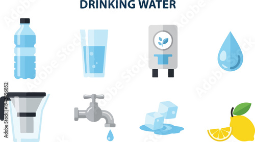 Graphic with icons of water sources Includes bottle glass cooler drop pitcher tap ice cubes and lemon