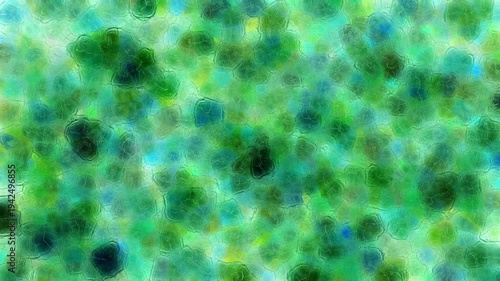 Organic abstract glass texture with soft green tones and natural color variations. Blurred shapes and textured distortion create calming dynamic motion resembling light through leaves.