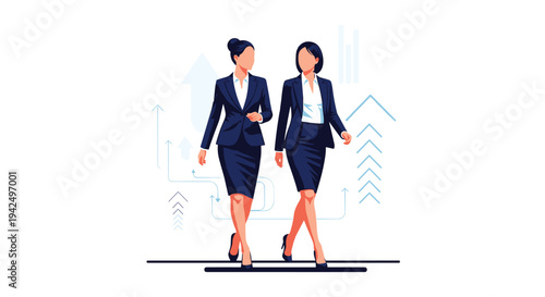 Two professional businesswomen in dark suits walk confidently together against a background of rising arrows representing corporate success.