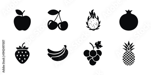 Set of vector silhouette icons showing different berries vegetables fruits leaves and nature elements in a simple black design collection