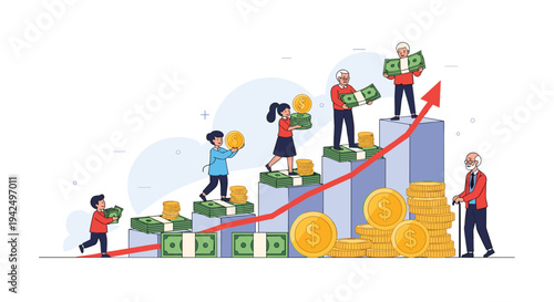Financial growth is visualized as people of all ages climb a rising bar chart stacked with money and coins towards an upward arrow.