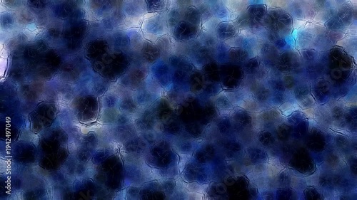 Abstract stained glass texture with dark colorful tones and soft light diffusion. Distorted glass surface creates organic patterns and blurred shapes moving slowly in dynamic motion.