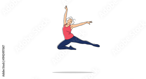 Energetic senior woman demonstrates agility and grace while performing a high jump or dance move in athletic clothing.