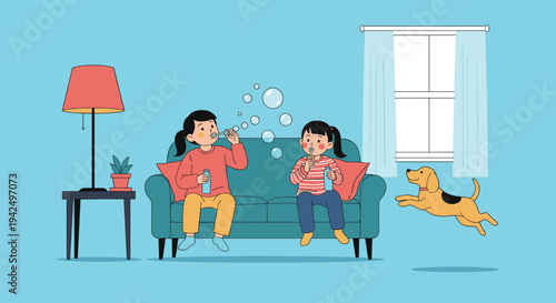 Two young girls enjoy a playful time blowing bubbles while sitting on a sofa in a living room as their pet dog jumps with excitement.