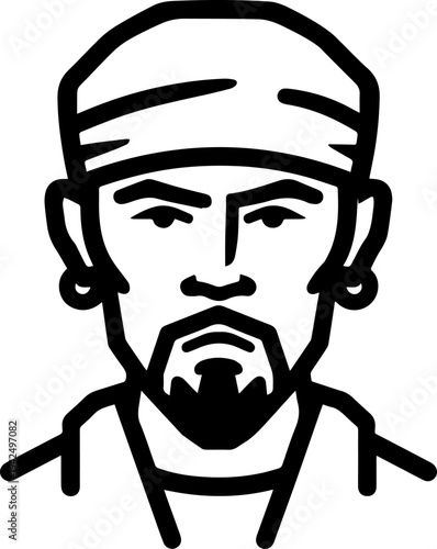 Hand Drawn Male Pirate Black and White Avatar Illustration in Minimal Line Art Style Design