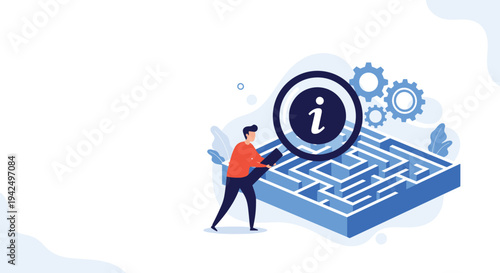 Information and problem solving concept shows a man with a large magnifying glass searching for answers within a complex blue maze.