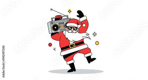 Cool Santa Claus wearing sunglasses and dancing while carrying a vintage boombox on his shoulder for a funky holiday celebration.
