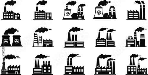 Vector icon set of industrial factory symbols featuring manufacturing plants nuclear power stations smoking chimneys warehouses oil refineries and heavy 