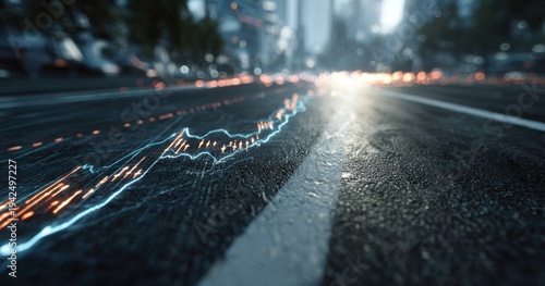 Abstract data flow over urban road illustration with digital light effects