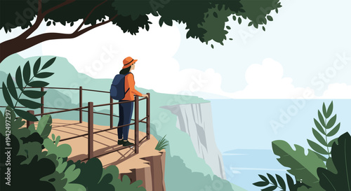 Solo female traveler with a backpack standing on a scenic cliff viewpoint looking out at the ocean horizon during a hiking trip.