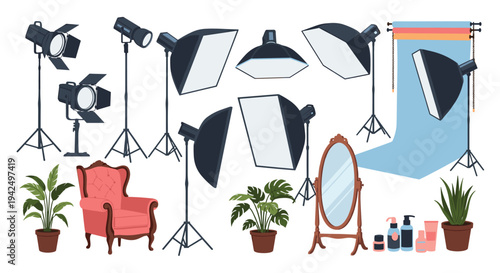 Collection of professional photography studio equipment including lights softboxes backdrops furniture and decorative indoor plants.