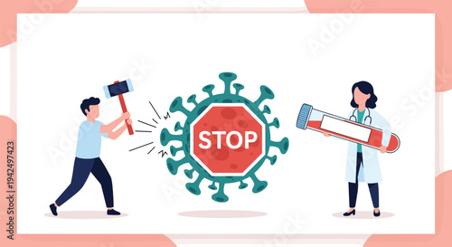 Healthcare workers and individuals working together to stop the spread of coronavirus using medical tests and symbolic force.