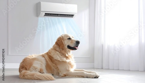 A golden retriever enjoys cool air blowing from an air conditioner, lying on the floor in a bright, modern room near a sheer curtain